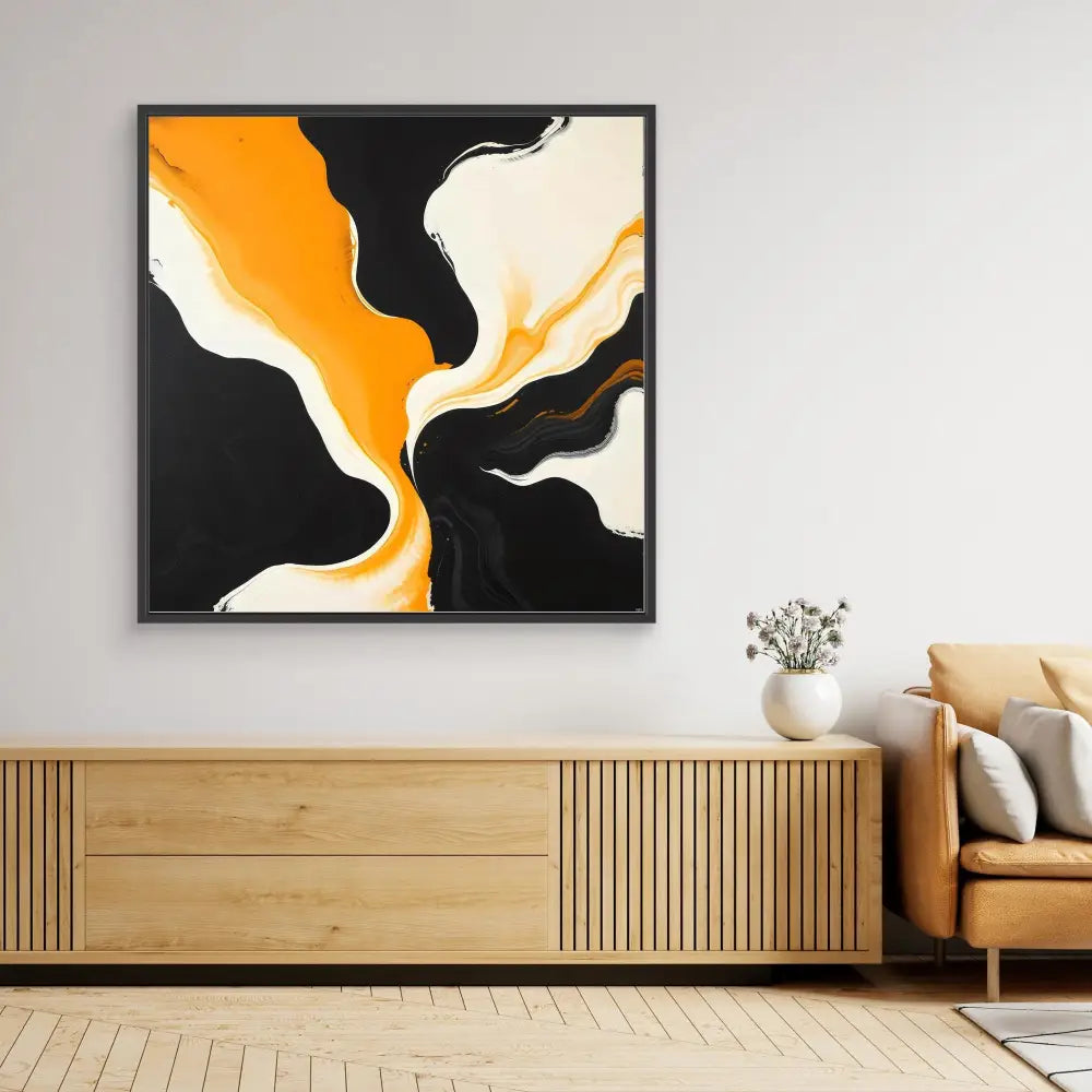 Abstract black and orange fluid art painting in a square frame.