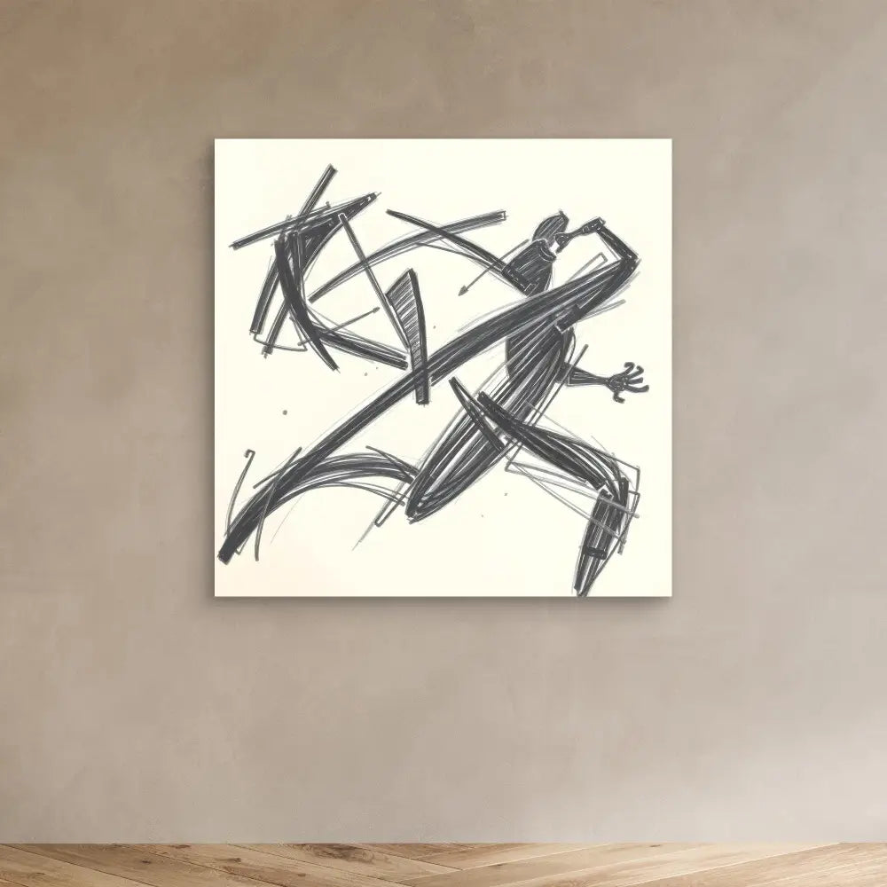 Abstract black sketch of a running figure composed of angular geometric lines and shapes.