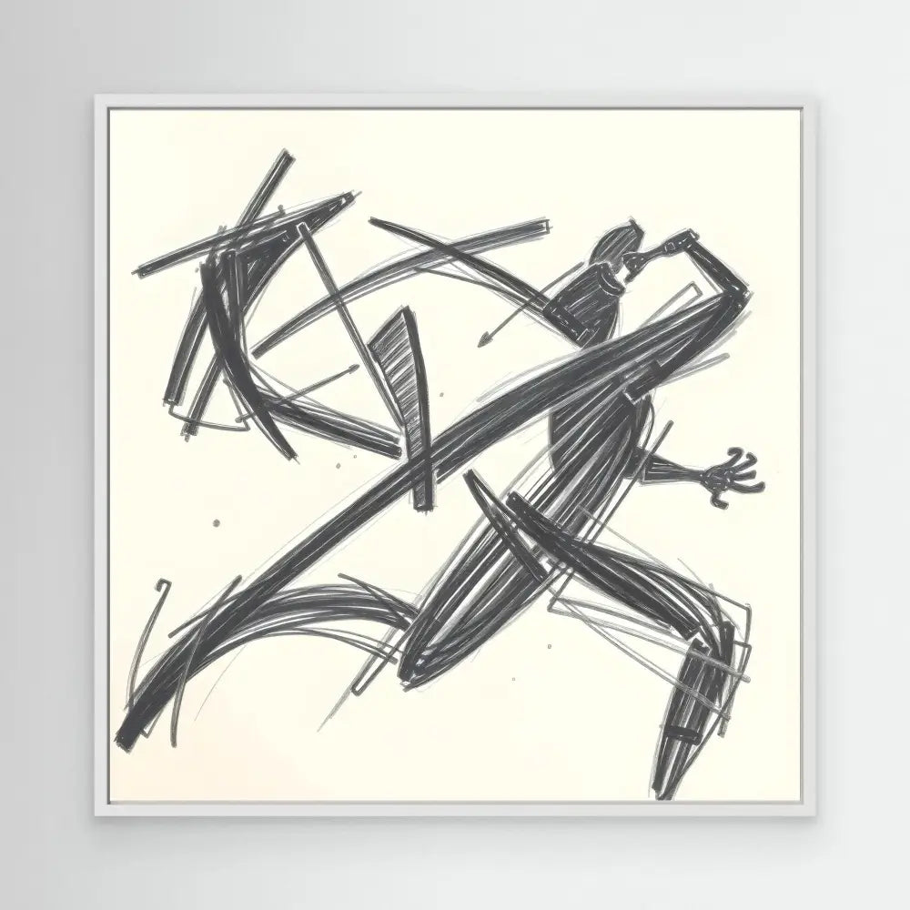 Abstract black sketch of a running figure with dynamic, angular lines.