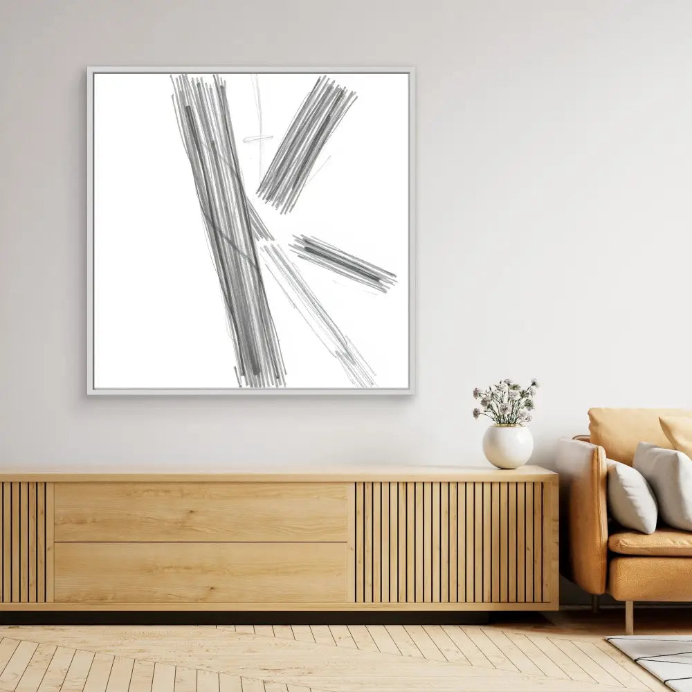 Abstract black and white artwork featuring diagonal brushstrokes on a white canvas.