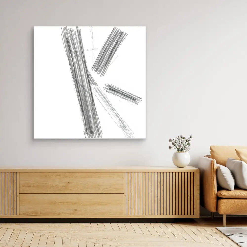 Abstract black and white artwork featuring diagonal brushstrokes on canvas.