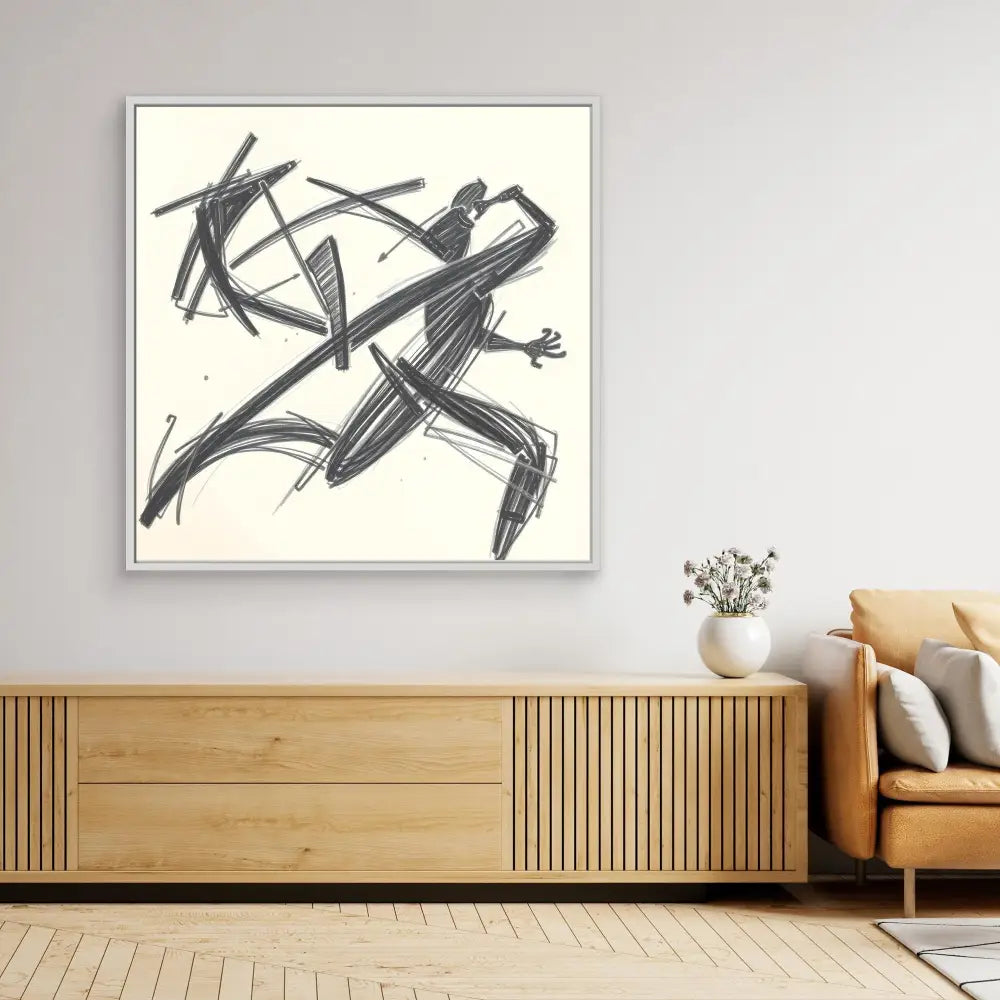 Abstract black and white artwork featuring dynamic brushstrokes that suggest a running figure.