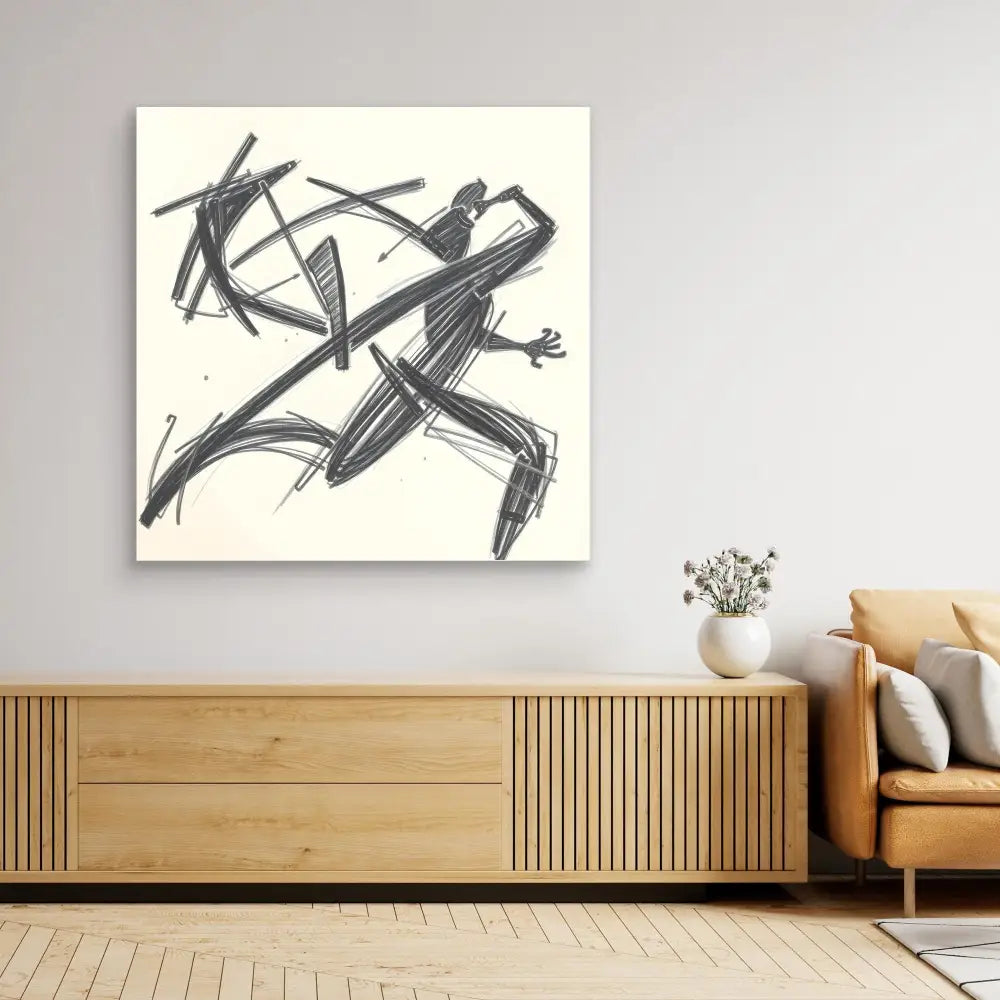 Abstract black and white artwork featuring dynamic brushstrokes that suggest a running figure.