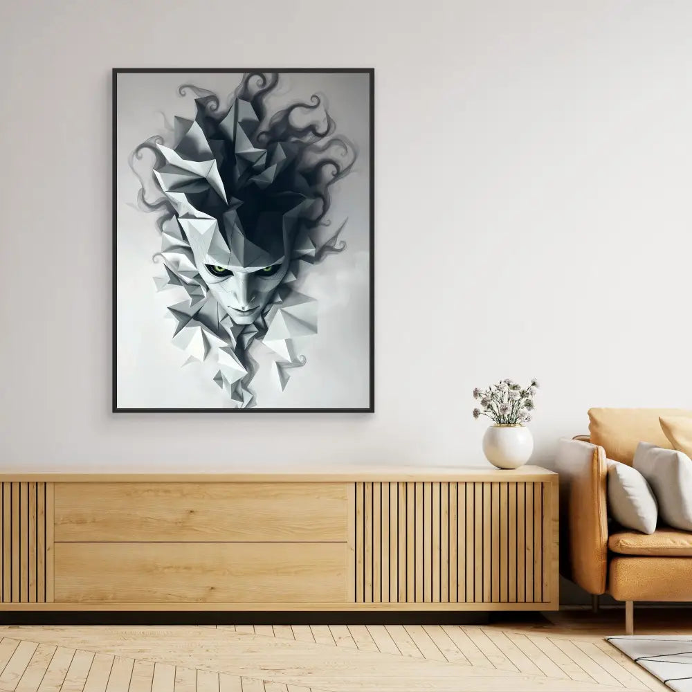 Abstract black and white artwork featuring swirling, smoke-like forms in a framed print.