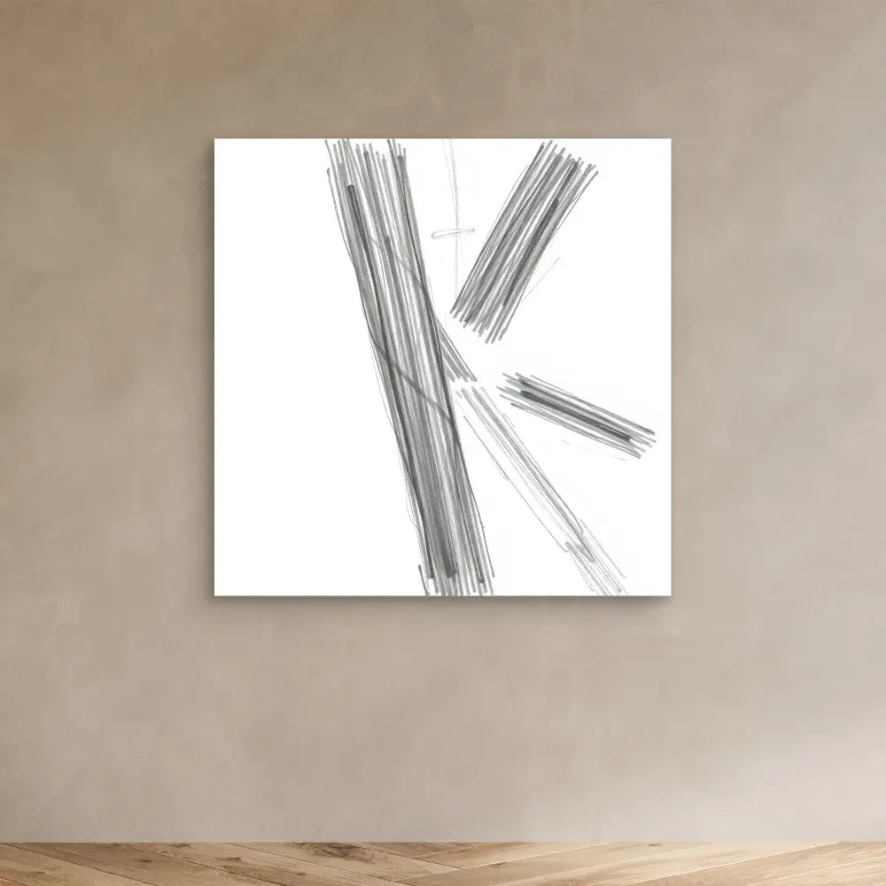 Abstract black and white sketch with intersecting diagonal lines.