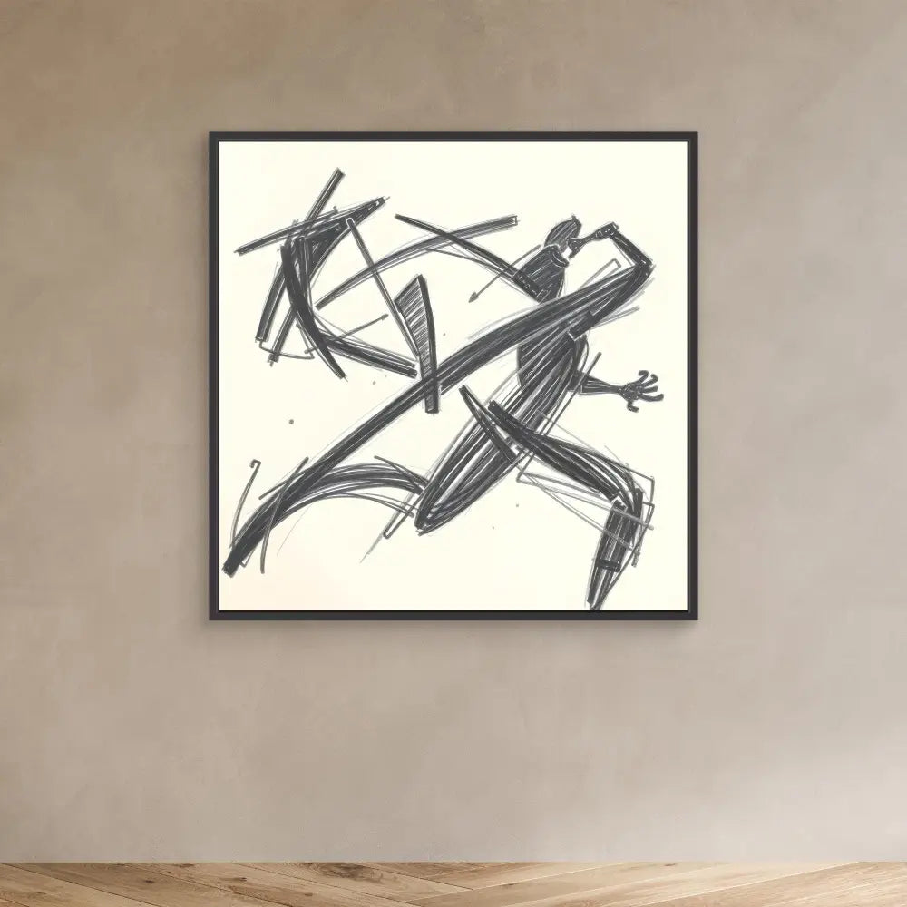 Abstract black and white sketch of a figure in motion with angular geometric lines.