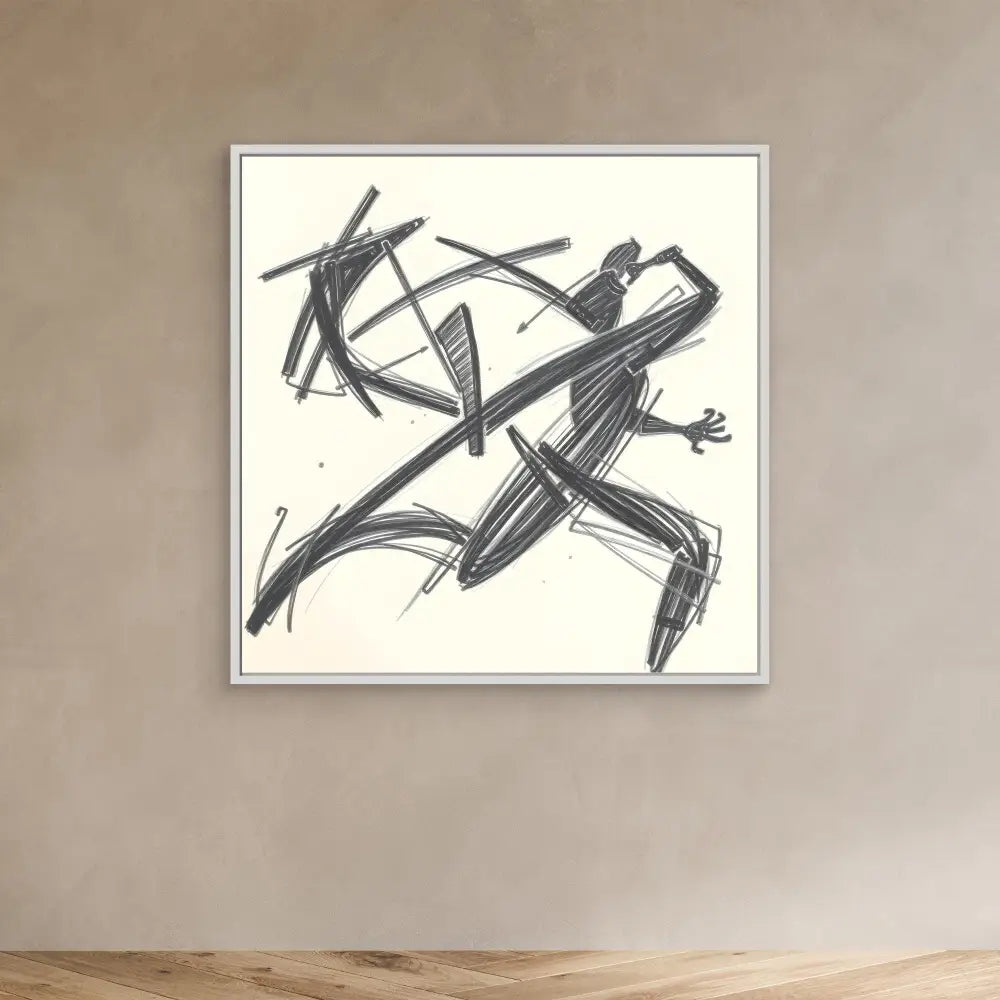 Abstract black and white sketch of a running figure composed of angular geometric lines.