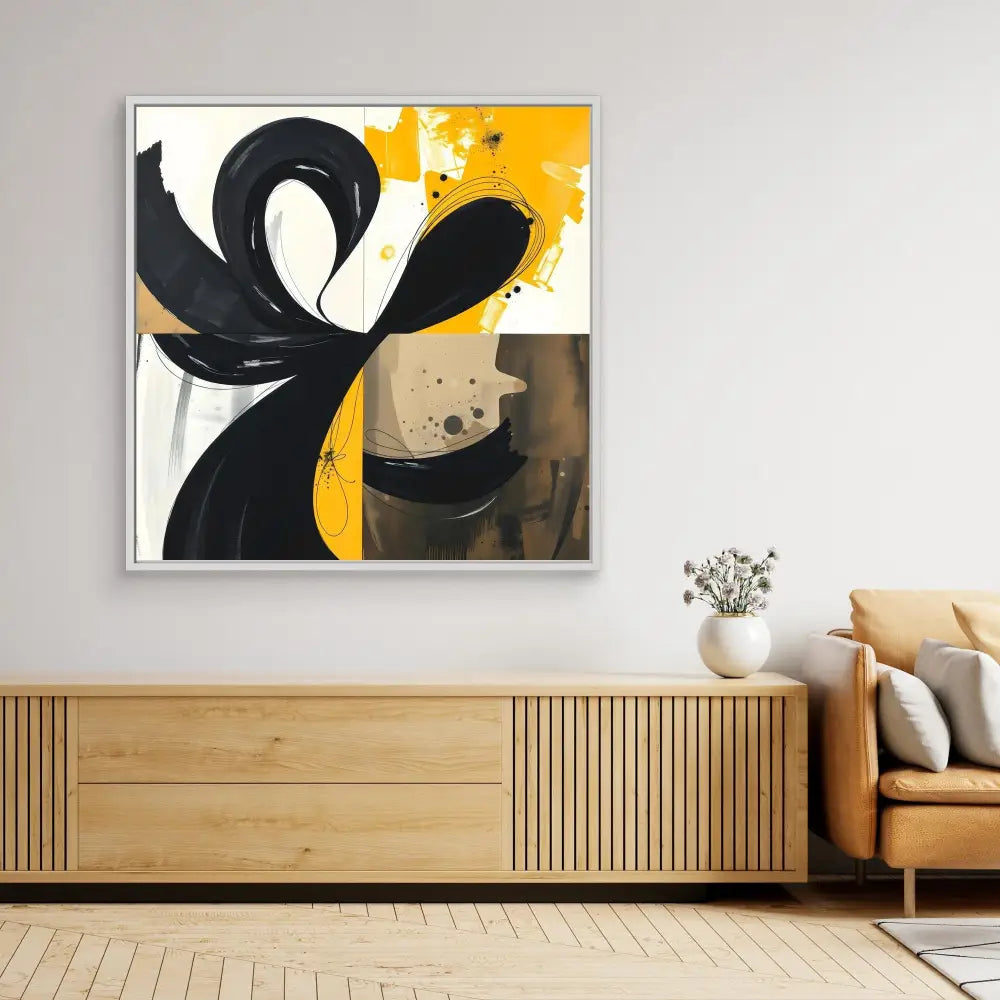 Abstract black and yellow artwork featuring bold curved brushstrokes against a white canvas.