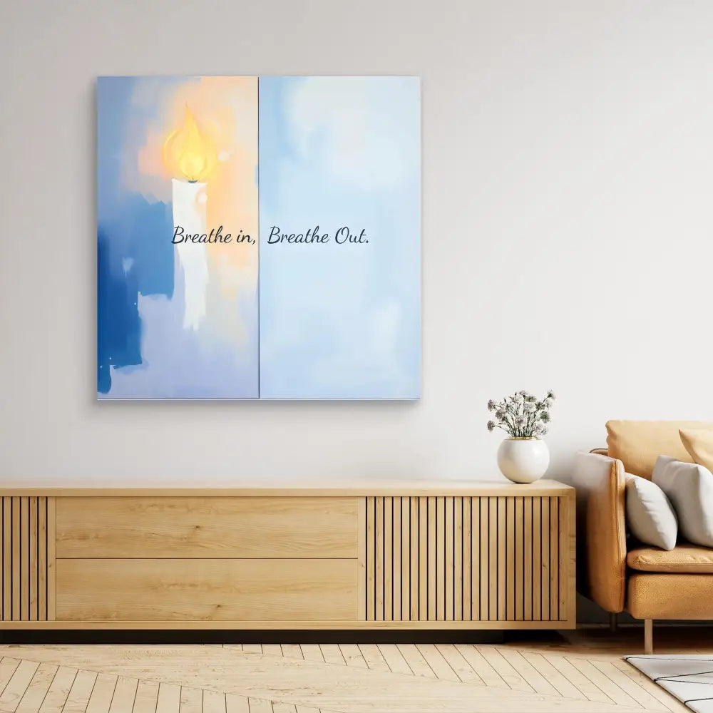 Abstract blue and white canvas artwork with text reading ’Breathe In, Breathe Out’