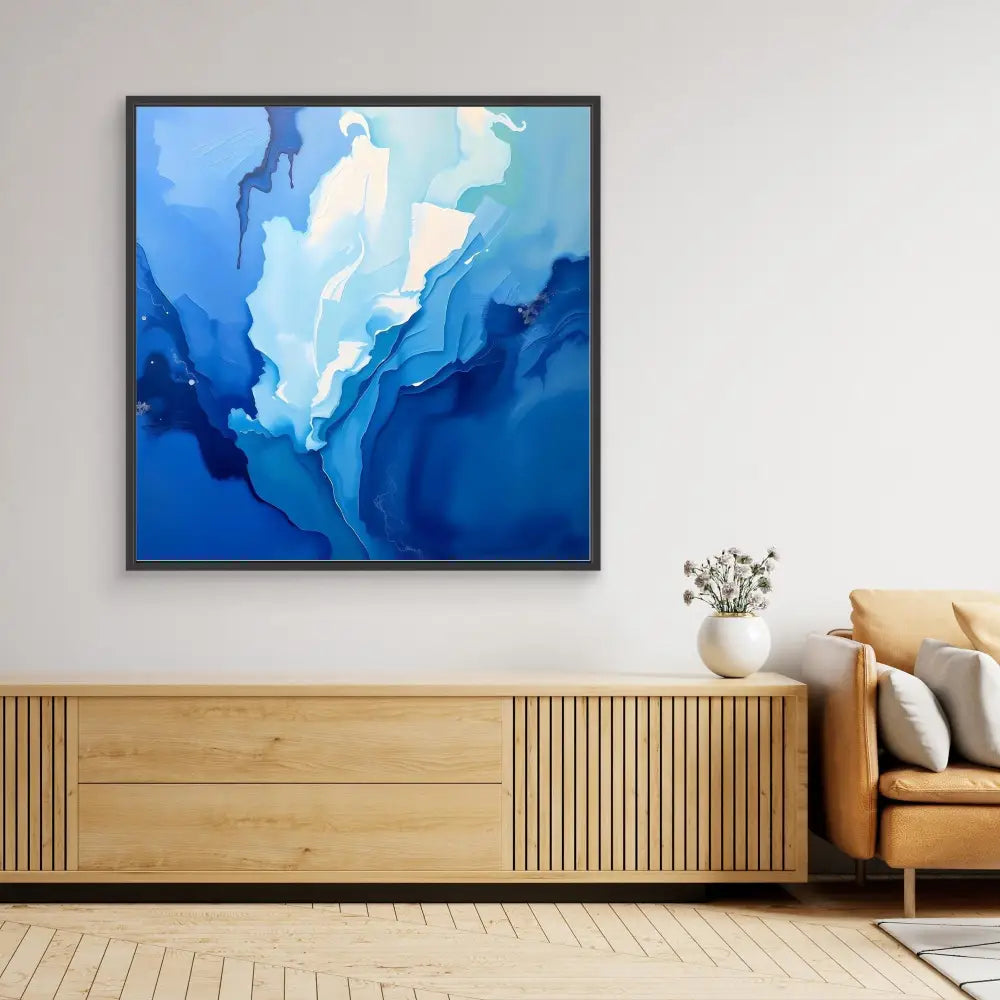 Abstract blue and white painting with fluid, cloud-like forms in a black frame.