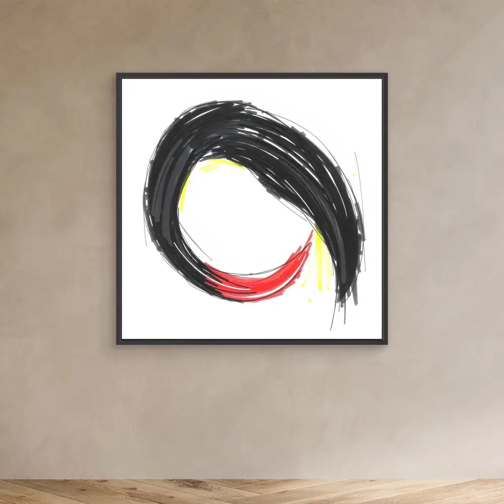 Abstract brushstroke circle in black, red and yellow on white canvas.