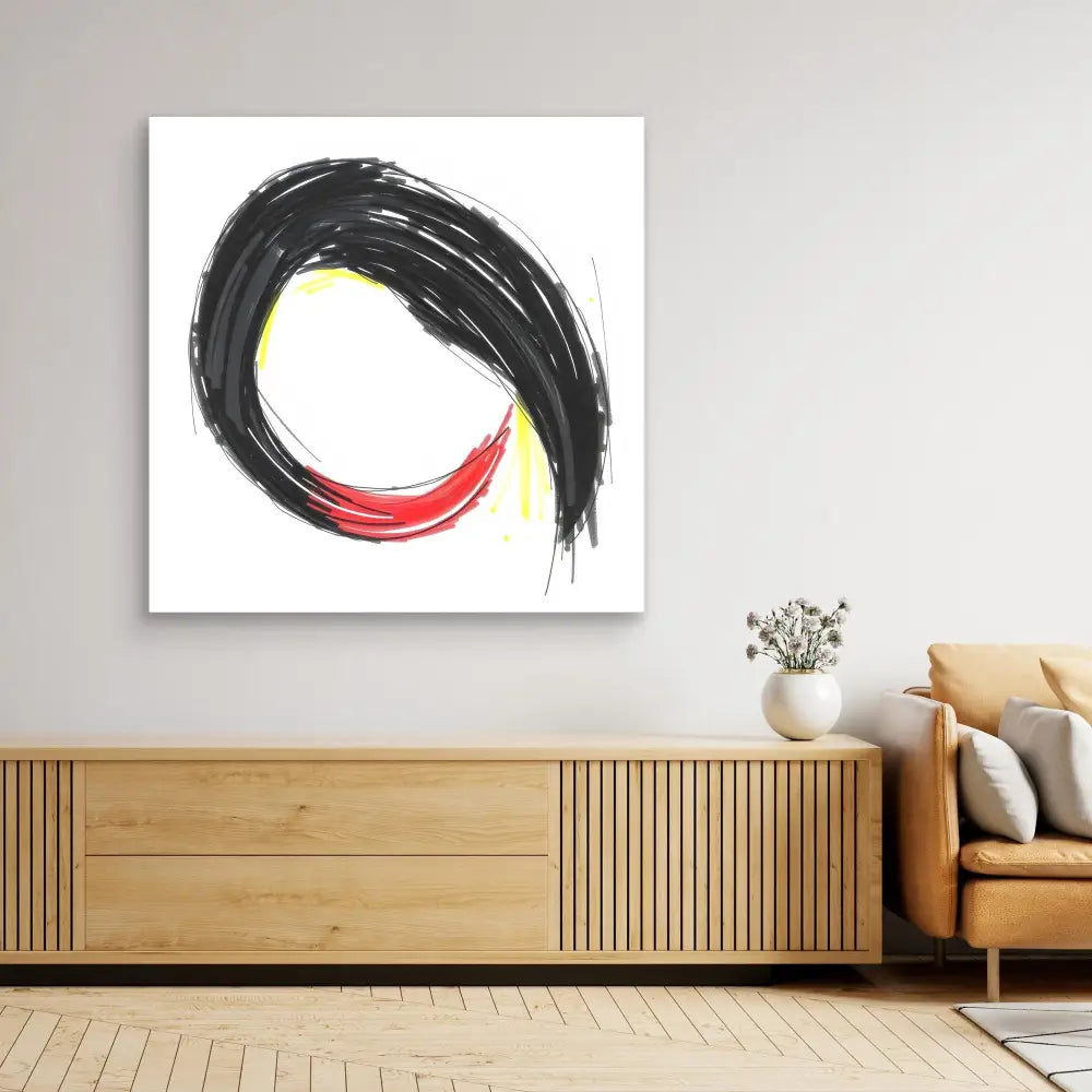 Abstract brushstroke painting featuring a black curved arc with red and yellow accents.