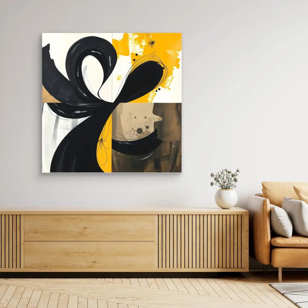 Abstract canvas artwork featuring bold black curved shapes against white and yellow color blocks.