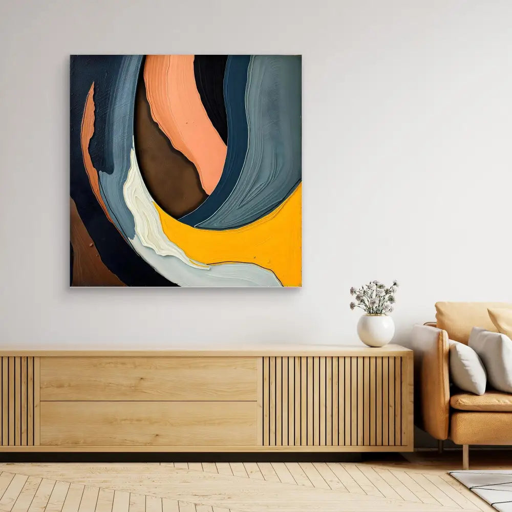 Abstract canvas artwork featuring curved layers in orange, brown, navy blue, white and yellow tones.