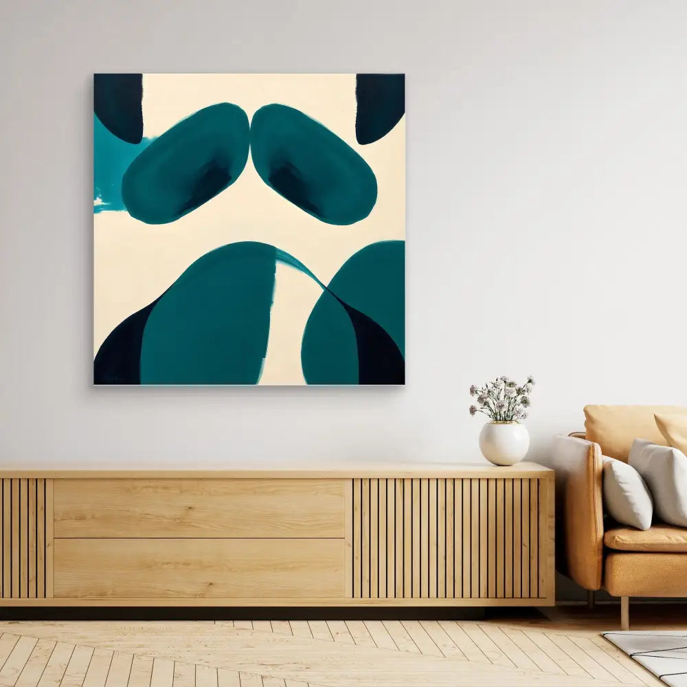 Abstract canvas artwork featuring curved teal shapes against a cream background.