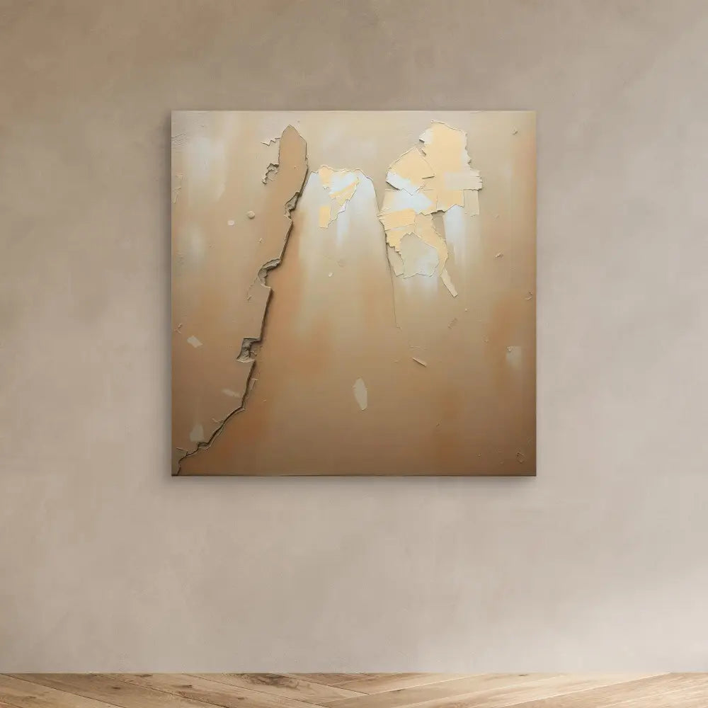 Abstract canvas artwork featuring peeling or torn beige paint revealing lighter areas beneath.