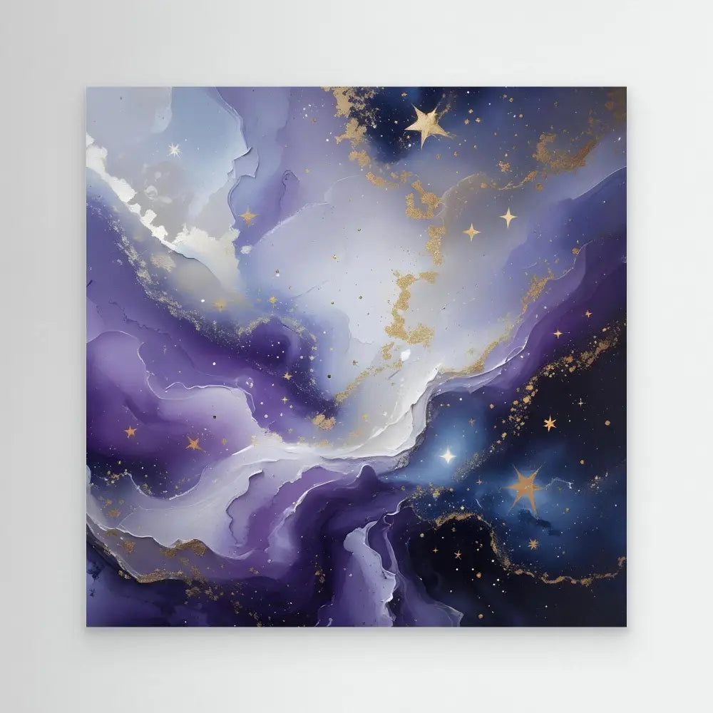 Abstract celestial artwork featuring swirling purple and white clouds with golden stars.