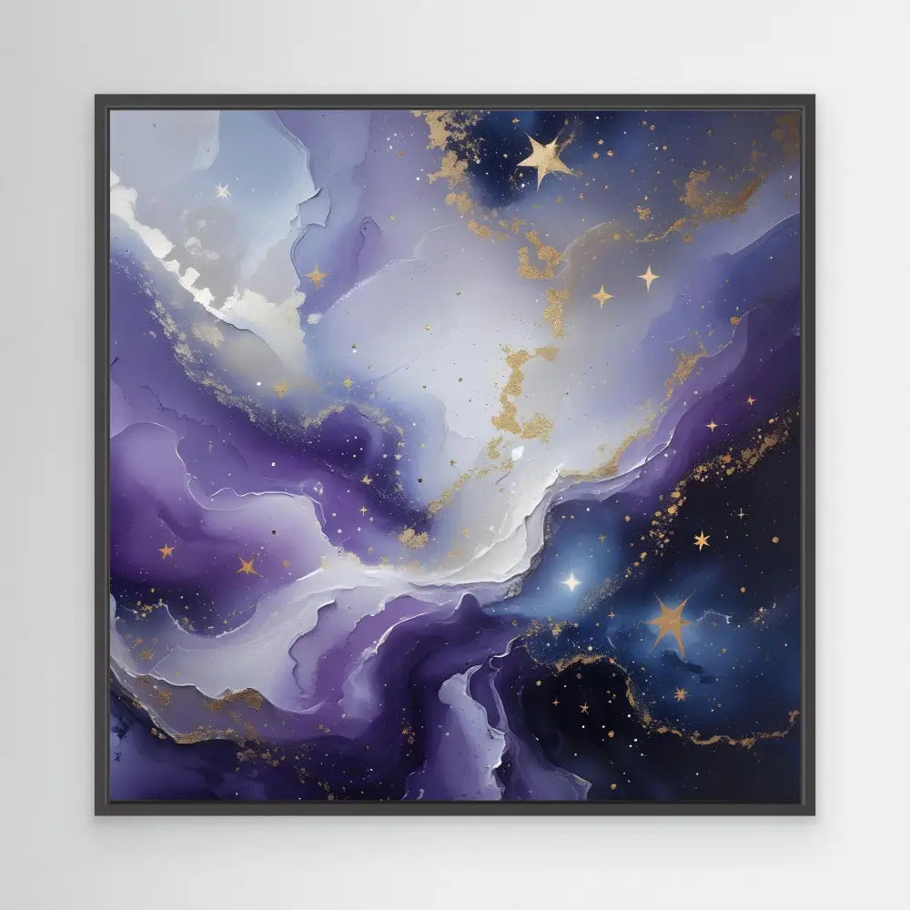 Abstract celestial artwork featuring swirling purple and white clouds with golden stars.