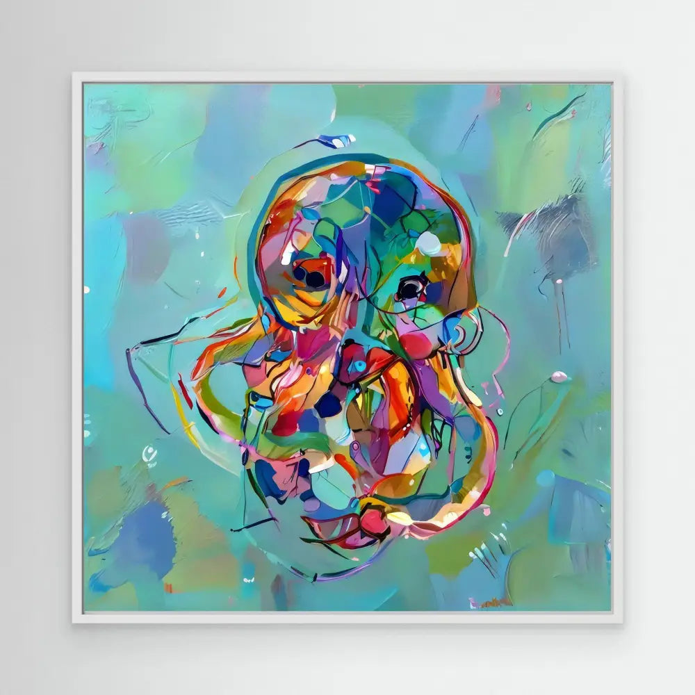 Abstract colorful jellyfish-like form composed of swirling geometric shapes and curved lines.