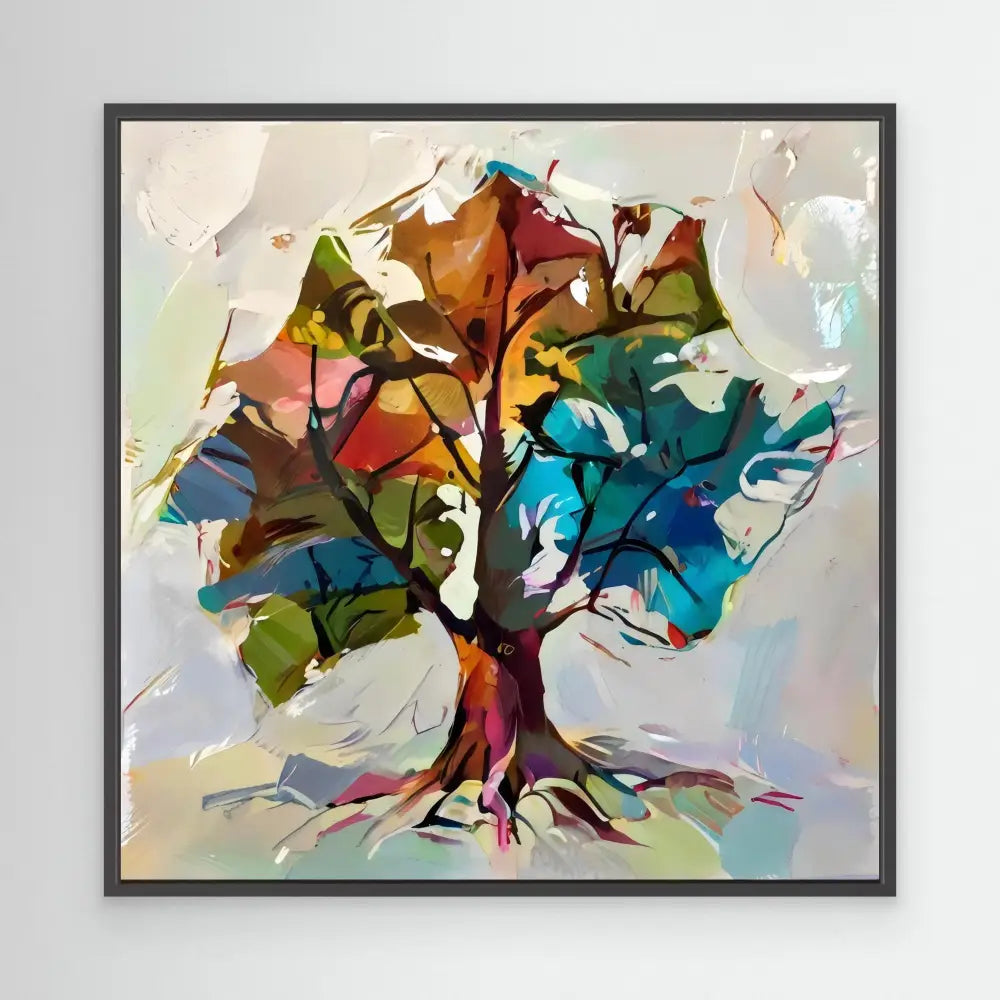 Abstract colorful tree painted with vibrant brushstrokes and flowing forms.