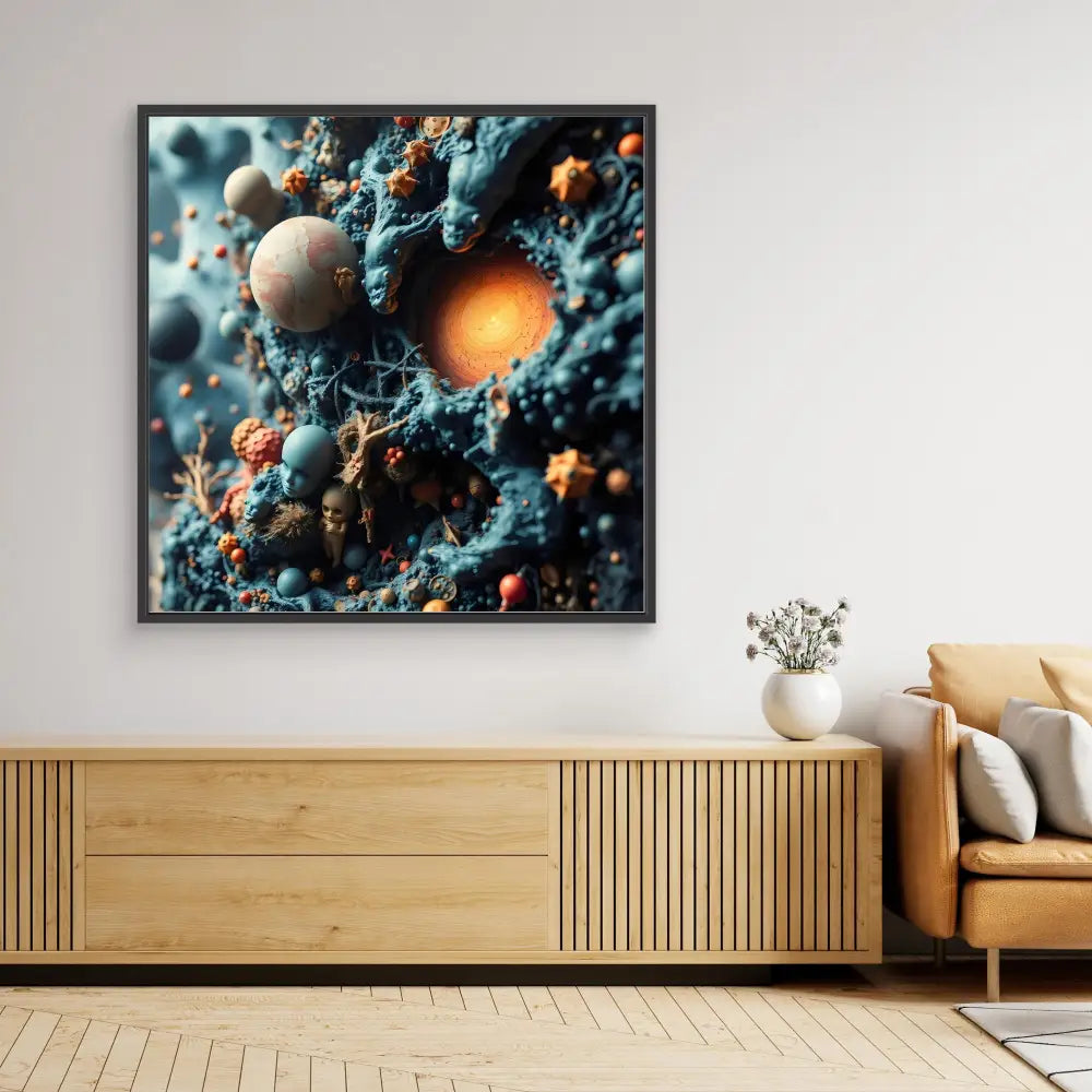 Abstract cosmic artwork featuring glowing spheres and swirling particles in blue and orange tones.