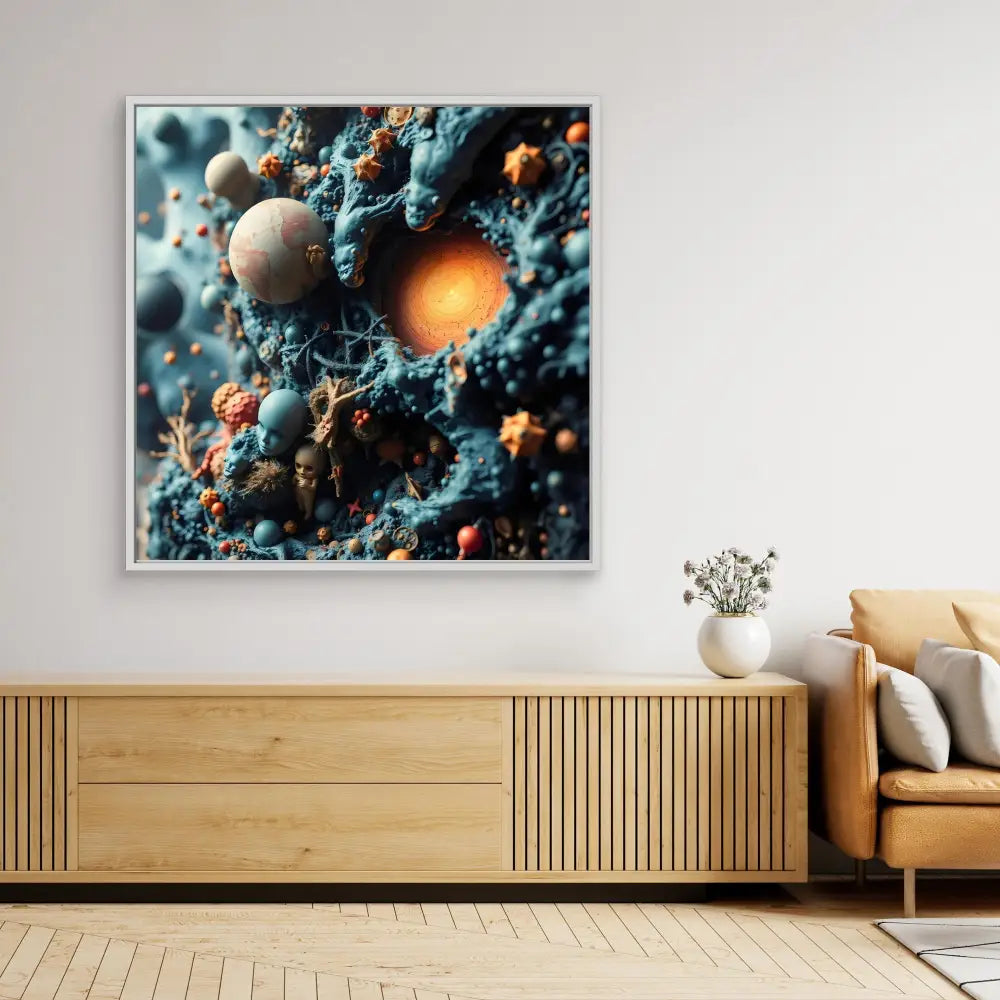 Abstract cosmic artwork featuring spherical orbs and glowing elements in blue and orange tones.