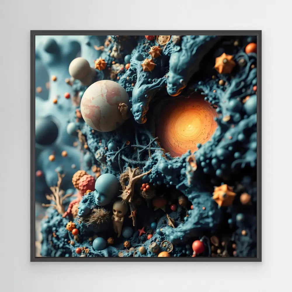 Abstract cosmic artwork featuring spherical orbs and star shapes in turquoise and orange tones.