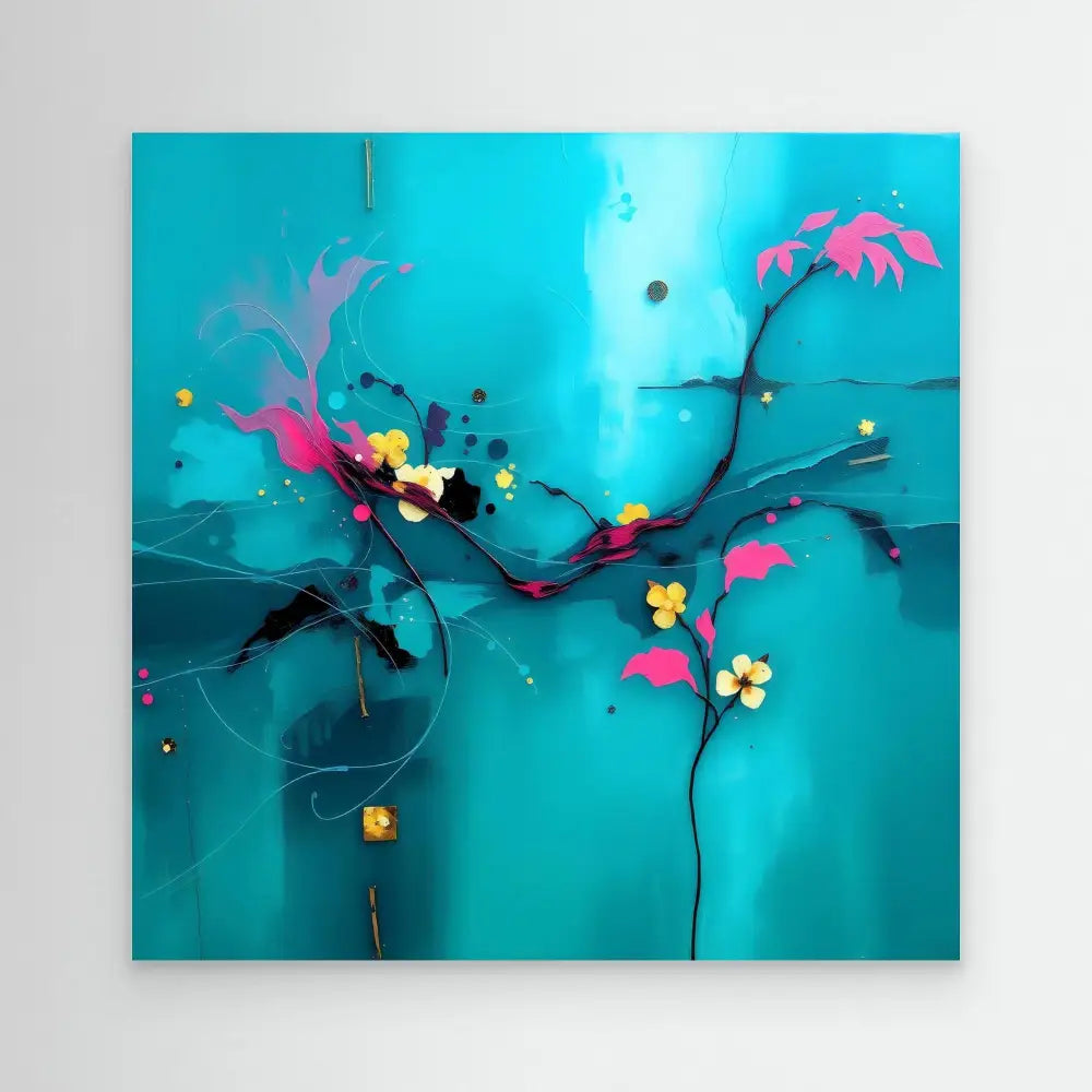 Abstract floral artwork featuring pink blooms and yellow flowers against a turquoise backdrop.