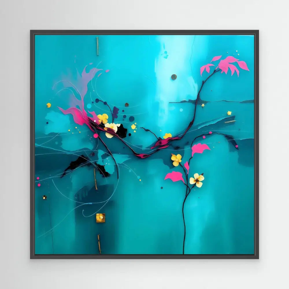 Abstract floral artwork featuring pink blooms and yellow flowers against a turquoise backdrop.