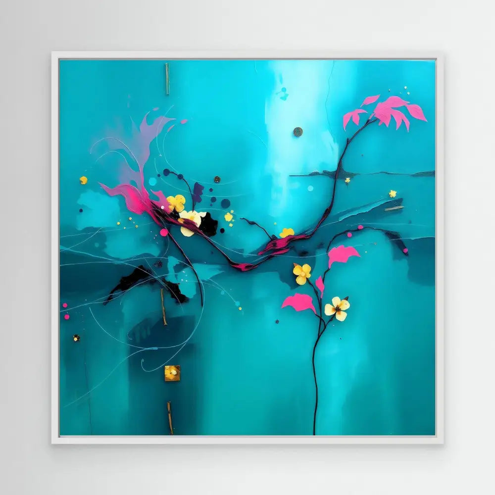 Abstract floral artwork featuring pink and yellow blossoms against a turquoise backdrop.