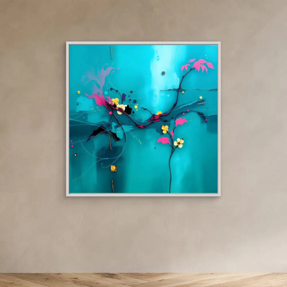 Abstract floral painting featuring pink blossoms and yellow accents on a turquoise background.