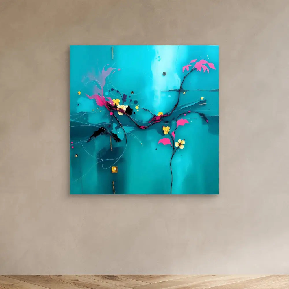 Abstract floral painting featuring pink blossoms and yellow accents on a turquoise background.