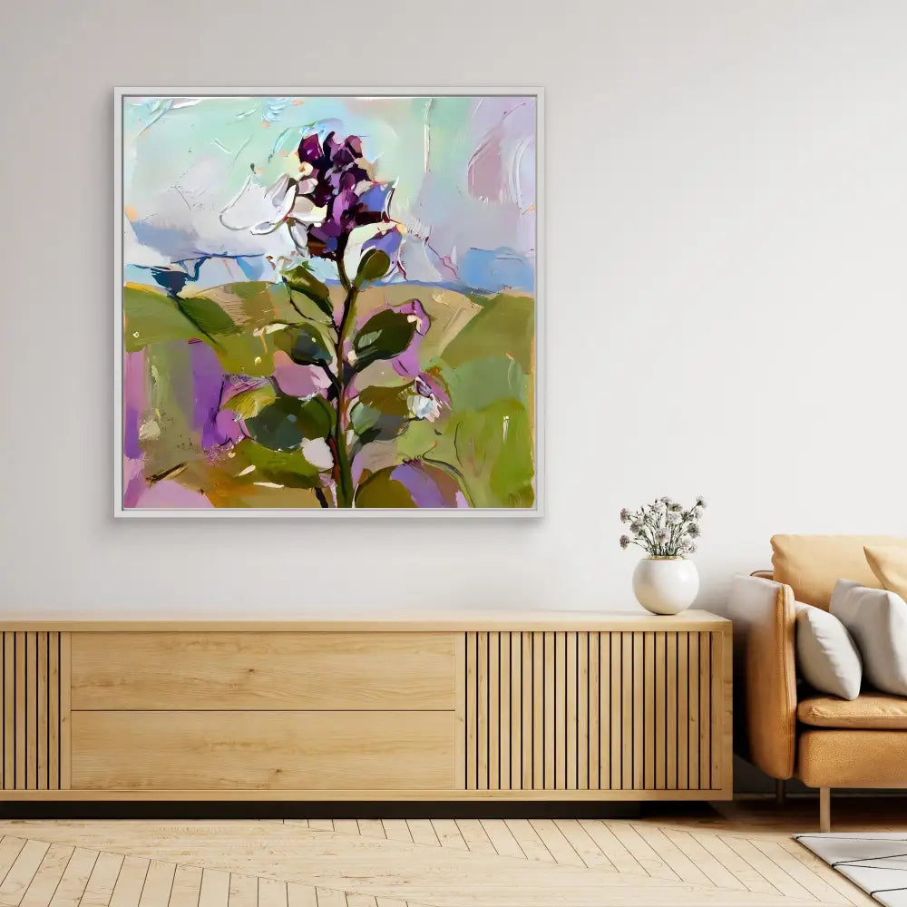 Abstract floral painting featuring purple blooms against soft pastel colors.