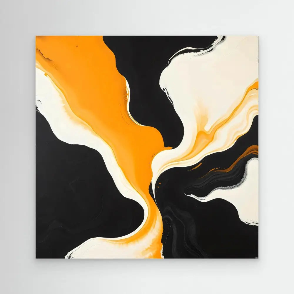 Abstract fluid art painting featuring swirling black, orange and white patterns.