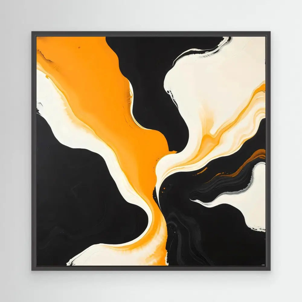 Abstract fluid art painting featuring swirling orange, white and black patterns.