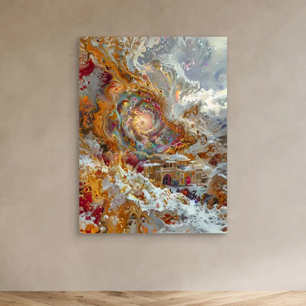 Abstract fluid art painting featuring swirling patterns in orange, red, white and gray tones.