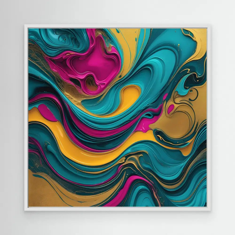 Abstract fluid art painting featuring swirling patterns in turquoise, magenta, and gold colors.