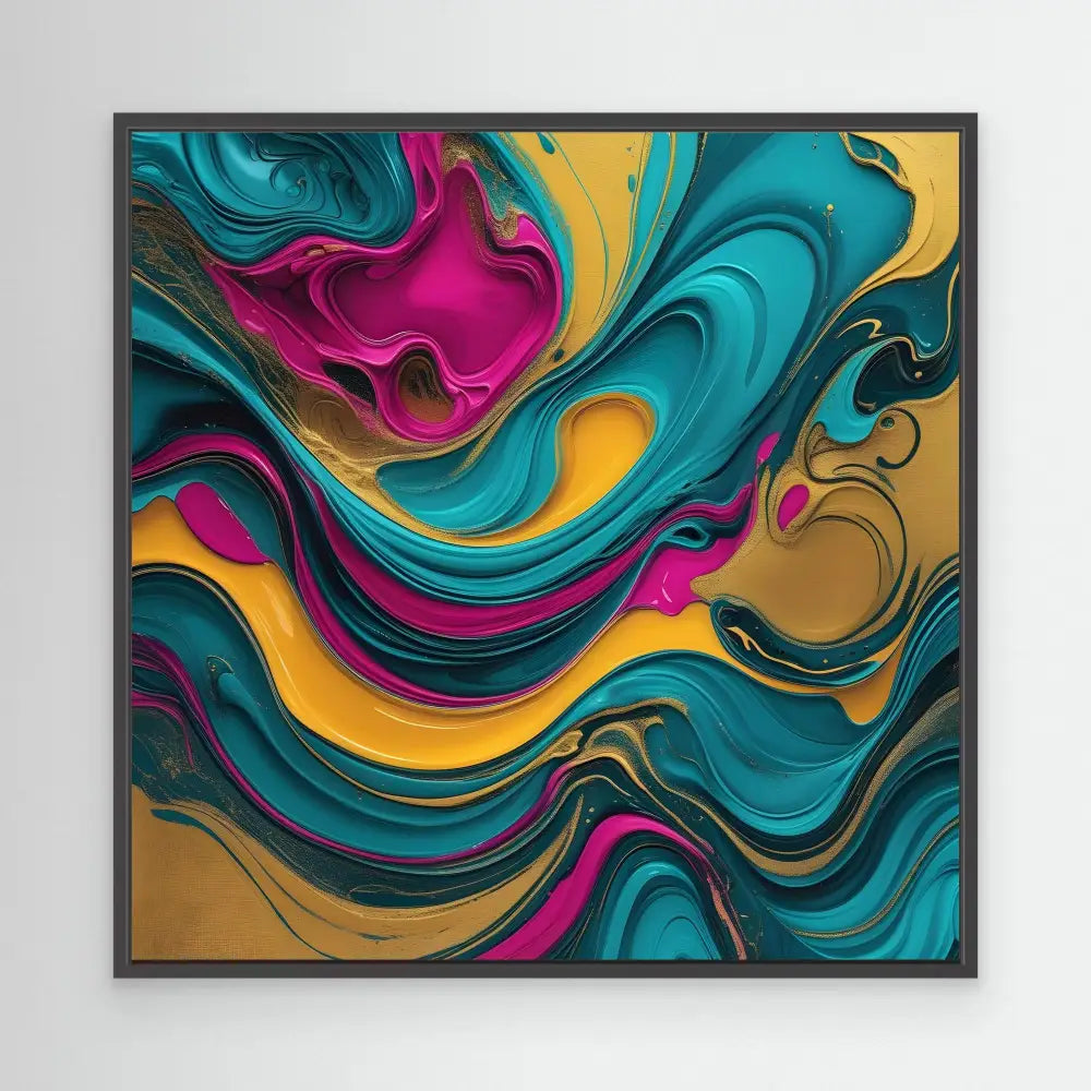 Abstract fluid art painting featuring swirling patterns in turquoise, magenta, and gold colors.