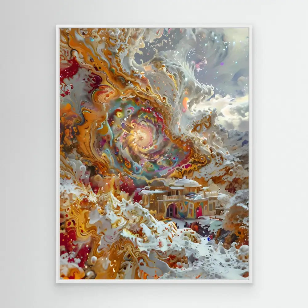 Abstract fluid art painting featuring swirling patterns in orange, red, gray and white.