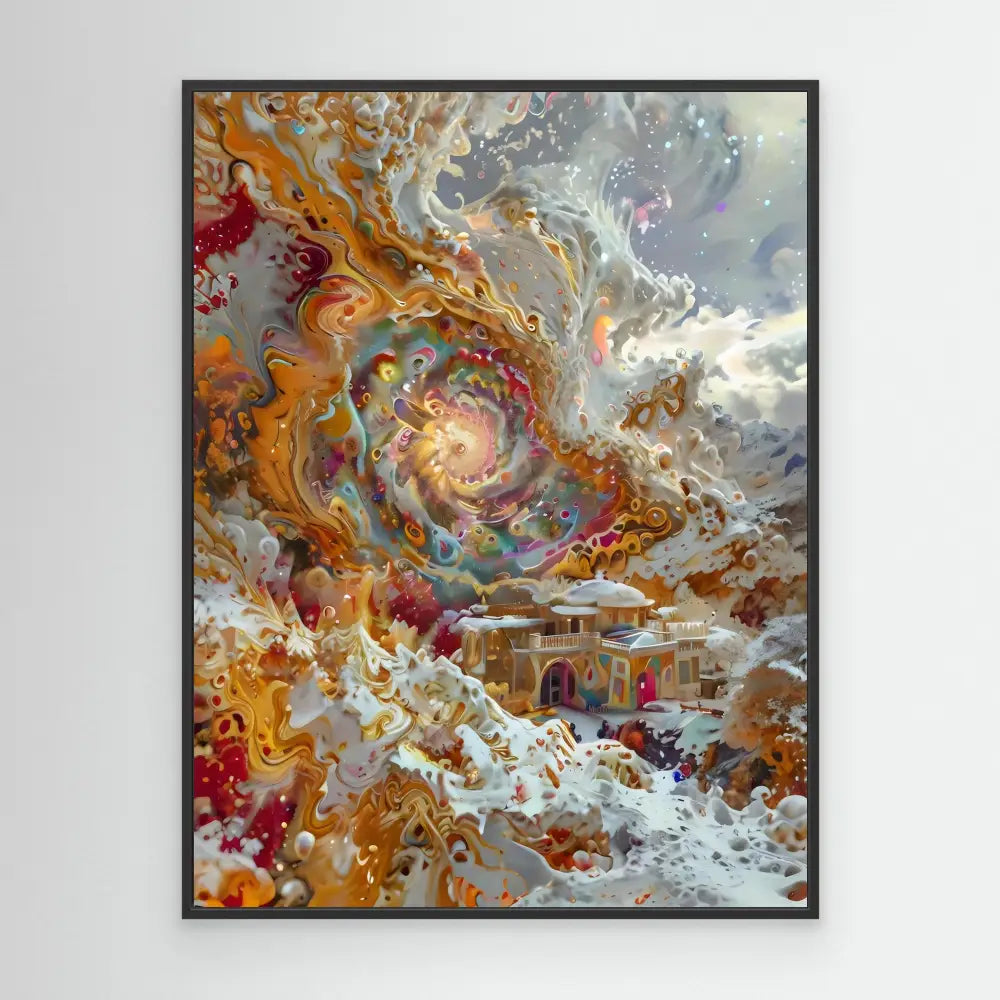 Abstract fluid art painting featuring swirling patterns in orange, red, gray and white.