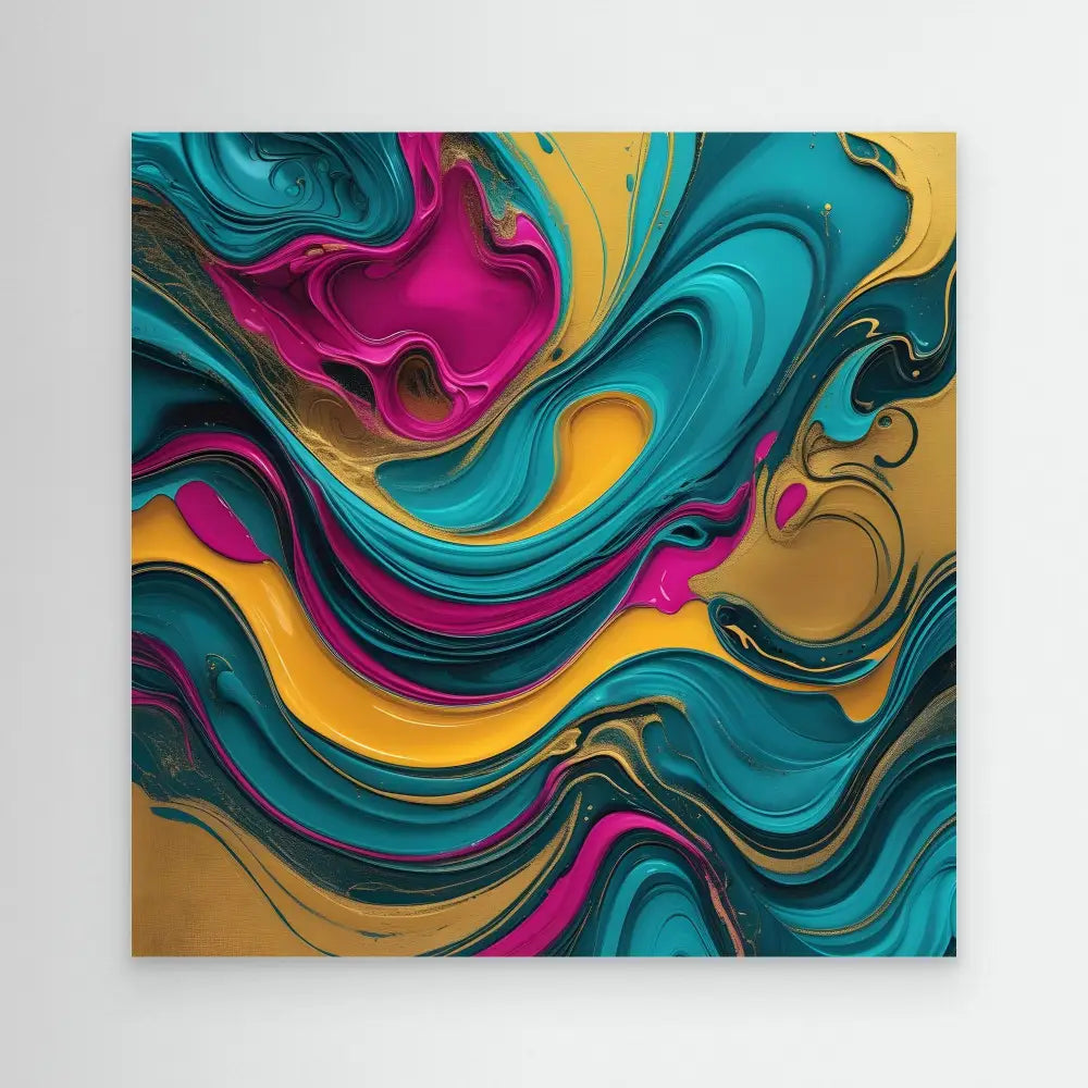 Abstract fluid art painting featuring swirling patterns in turquoise, magenta, and gold colors.