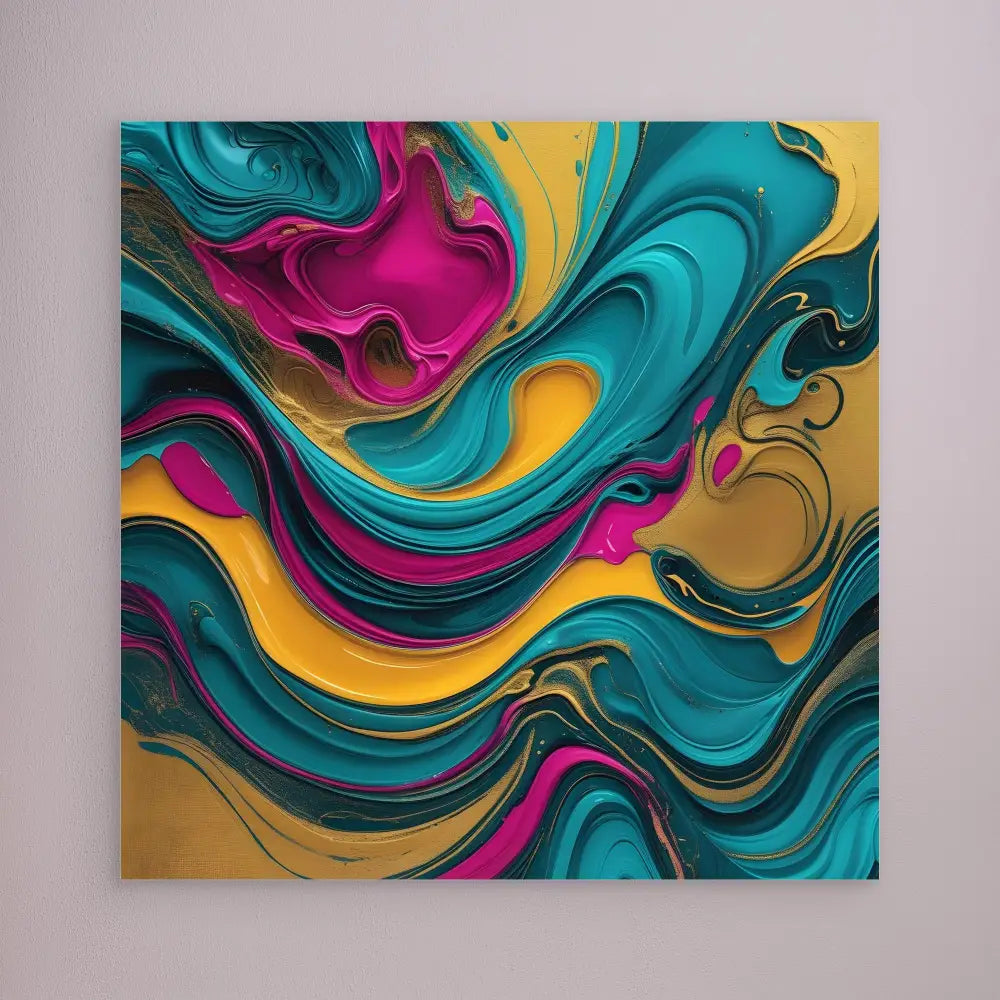 Abstract fluid art painting featuring swirling waves of turquoise, magenta, and gold colors.