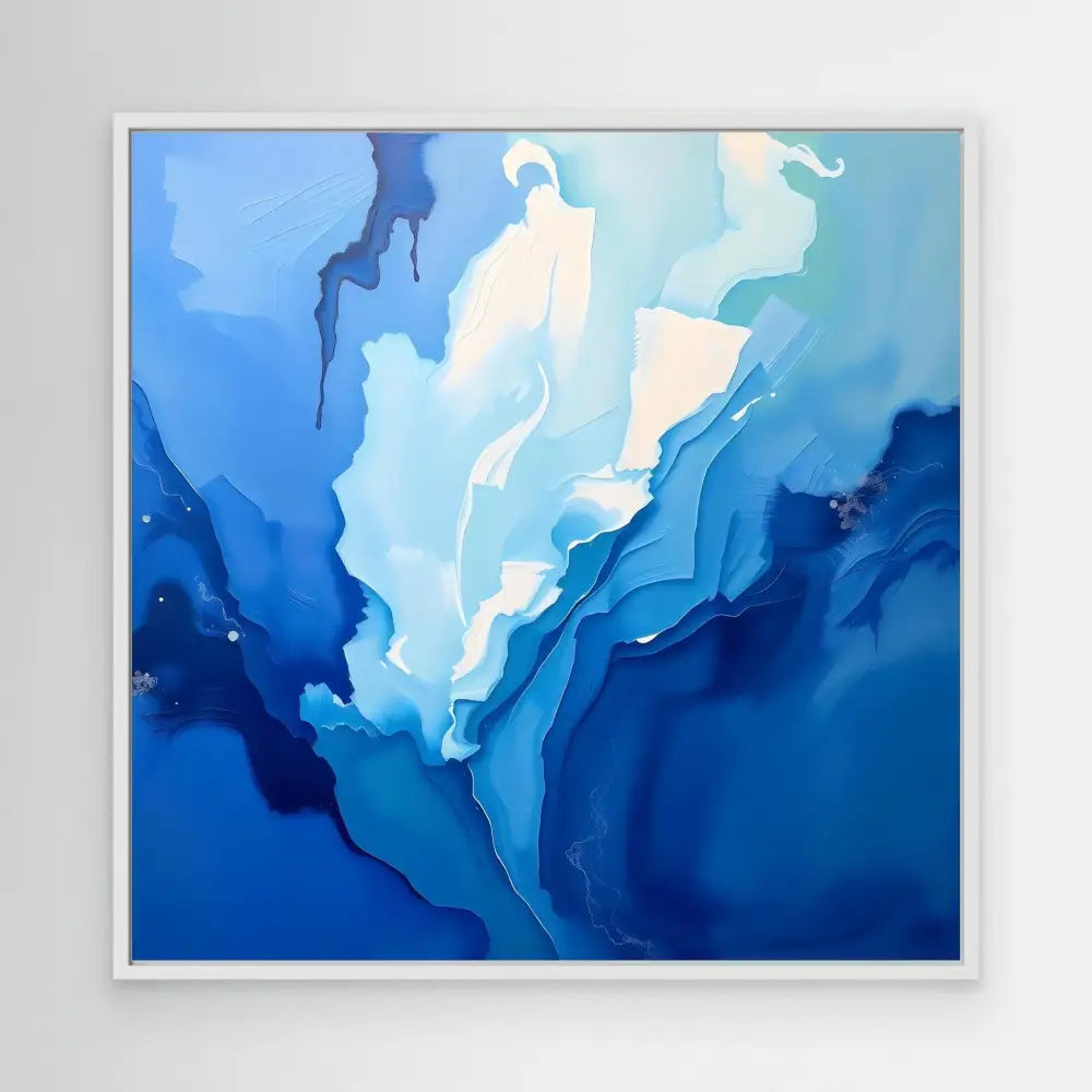 Abstract fluid artwork featuring flowing shades of blue and white in an ethereal pattern.