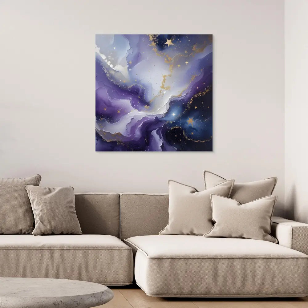 Abstract galaxy painting with swirling purples, blues and white cosmic clouds.