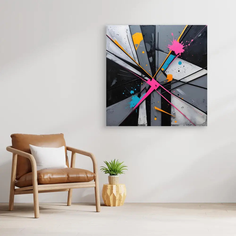 Abstract geometric artwork featuring intersecting angular shapes in black, white, and gray with vibrant pink and blue paint splatters.