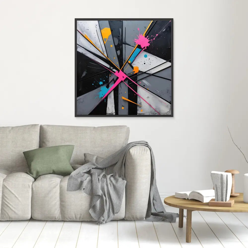 Abstract geometric artwork featuring intersecting angular shapes in black, gray, pink, and orange tones.