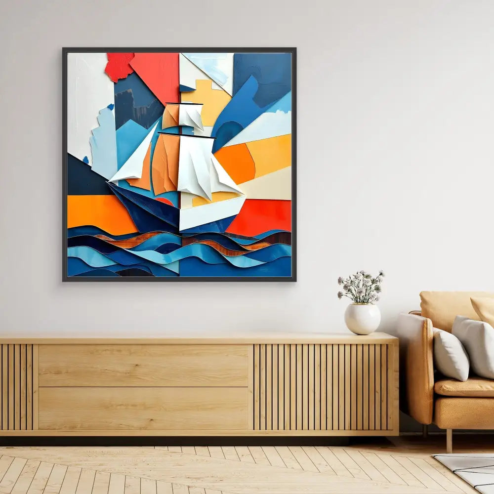 Abstract geometric artwork featuring bold orange, blue, and red shapes suggesting a sailboat on waves.