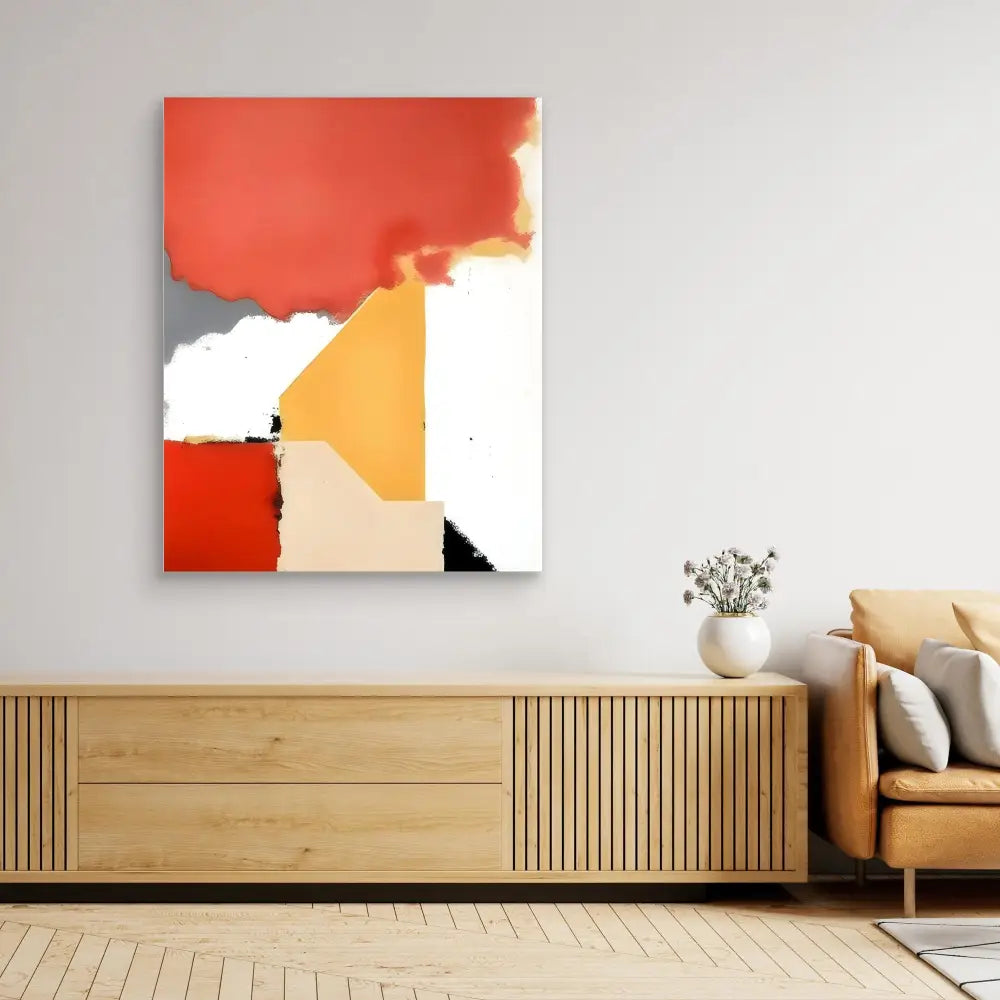 Abstract geometric artwork featuring bold orange, red, white and black shapes with cloud-like elements.