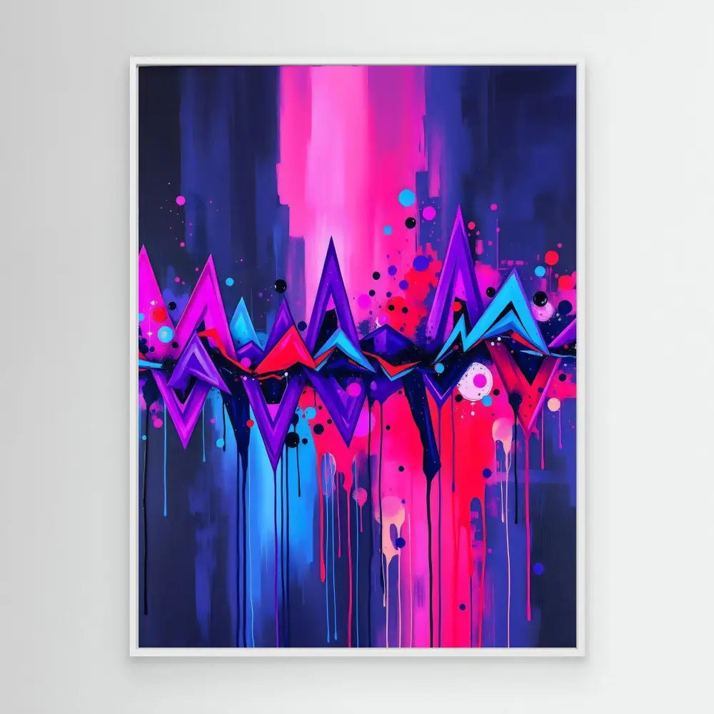 Abstract geometric artwork featuring dripping neon pink, blue and purple angular shapes.