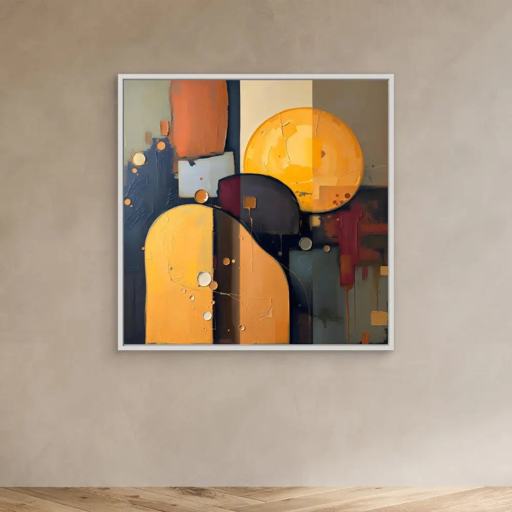 Abstract geometric artwork featuring overlapping orange and black circular shapes.